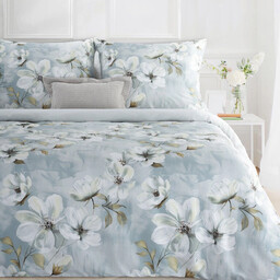 Pościel z satyny bawełnianej błękitna w białe kwiaty