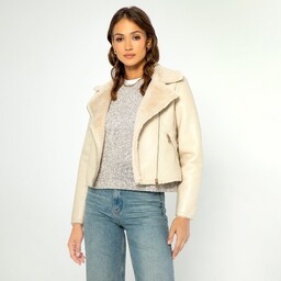 Damska ramoneska z ekoskóry futerkowa kremowa