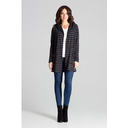 Czarny Niezapinany Sweter w Paski z Kapturem