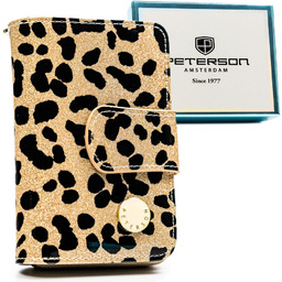 Złoty, pionowy portfel damski ze skóry ekologicznej