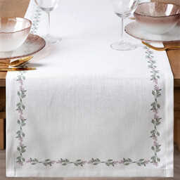 Bieżnik plamoodporny biały z roślinnym wzorem OHS01-1