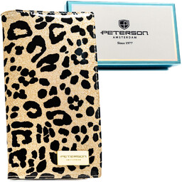 Duży, złoty, pionowy portfel damski ze skóry ekologicznej