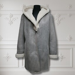 Kożuch Damski Naturalna Skóra Ciepły Zimowy Kaptur Szary