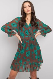 Brązowo-zielona sukienka z falbaną Loriella