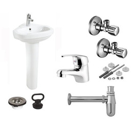 Umywalka narożna+postument + bateria + syfon chrom +