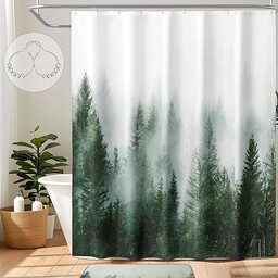 ORTIGIA Zasłony prysznicowe z zielonym, mglistym lasem, zasłona