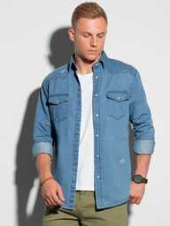 Koszula męska jeansowa na zatrzaski - niebieska V2
