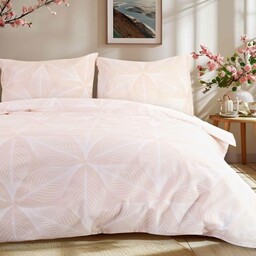 Pościel flanelowa 160x200 pudrowa różowa biała liście geometryczna