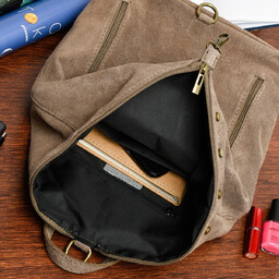 Taupe Włoski Stylowy Plecak Damski Skórzany Zamsz A4