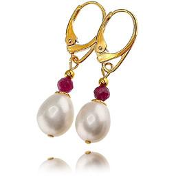 Prawdziwe Perły Rubin Eleganckie Kolczyki Złote Srebro