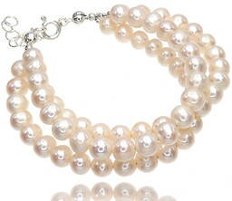 Piękne Perły Białe Prawdziwe Potrójna Bransoletka Srebro