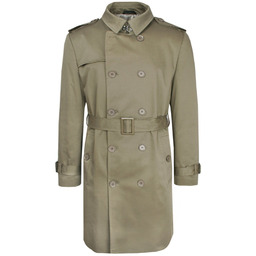 Płaszcz Trencz, Beżowo-Oliwkowy Elegancki, Dwurzędowy, na Guziki, Wiosenno-Jesienny