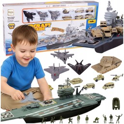 Duży Statek Wojskowy Lotniskowiec Samoloty Auta Helikopter Żołnierze