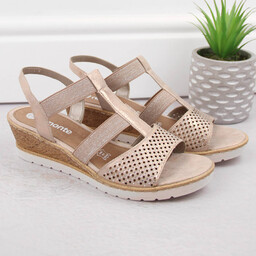 Komfortowe sandały damskie na koturnie wsuwane różowe złoto