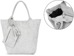 Włoska Torebka Skórzana Zamszowa A4 Shopperka jasnoszara T49