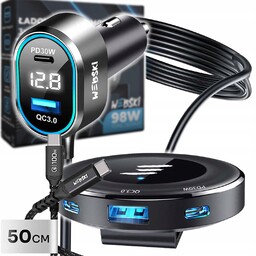 Ładowarka Samochodowa Rozgałęźnik Klips 98W 2xUSB 3xUSB-C LCD