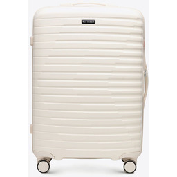 Średnia walizka z polikarbonu w poziome żebrowanie kremowa