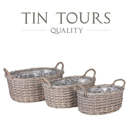 KOMPLET 3 SZARYCH OWALNYCH KOSZY WIKLINOWYCH Z UCHWYTAMI