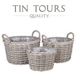 KOMPLET 3 SZARYCH OKRĄGŁYCH KOSZY WIKLINOWYCH Z UCHWYTAMI