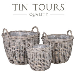KOMPLET 3 SZARYCH OKRĄGŁYCH KOSZY WIKLINOWYCH Z UCHWYTAMI