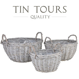 KOMPLET 3 SZARYCH OKRĄGŁYCH KOSZY WIKLINOWYCH Z UCHWYTAMI