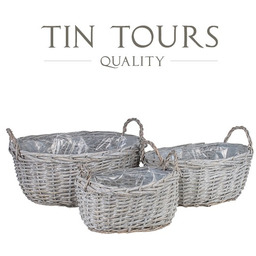 KOMPLET 3 SZARYCH OWALNYCH KOSZY WIKLINOWYCH Z UCHWYTAMI