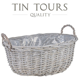 SZARY OWALNY KOSZ WIKLINOWY Z UCHWYTAMI 43x35x19/26 cm