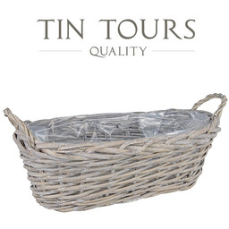 SZARY PODŁUŻNY KOSZ WIKLINOWY Z UCHWYTAMI 37x20x12/16 cm