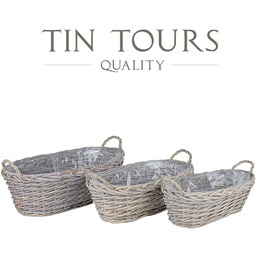 KOMPLET 3 SZARYCH PODŁUŻNYCH KOSZY WIKLINOWYCH Z UCHWYTAMI