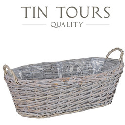SZARY PODŁUŻNY KOSZ WIKLINOWY Z UCHWYTAMI 50x27x16/20 cm