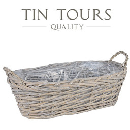 SZARY PODŁUŻNY KOSZ WIKLINOWY Z UCHWYTAMI 43x23x14/18 cm