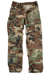 Spodnie wojskowe, krój BDU, kamuflaż woodland