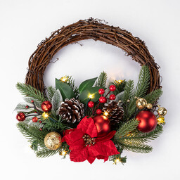 Dommio Świąteczny wiklinowy wieniec POINSETTIA z oświetleniem LED,