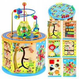 Drewniana Kostka Edukacyjna 8W1 Sorter Skrzynka Labirynt Chińczyk