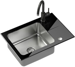 QUADRON Zlewozmywak 64x44 HUGH 116 stal/czarne szkło, Bateria
