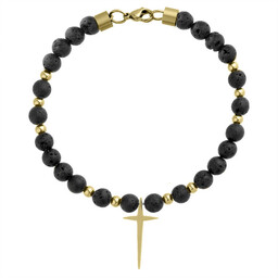 Bransoletka męska z lawy wulkanicznej z krzyżem pozłacana