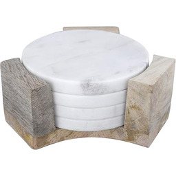 Bloomingville Round Marble Coasters with Mango Wood Holder