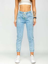 Niebieskie spodnie z cekinami jeansowe damskie mom fit