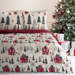 Pościel bożonarodzeniowa z satyny bawełnianej kremowo-bordowa zimowy pejzaż