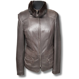 Kurtka Damska Skórzana Brązowa Odpinany Futrzany Kołnierz Prod.