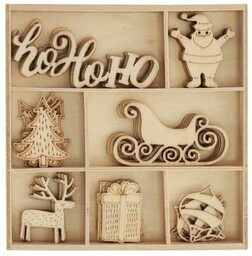 Ozdoby drewniane MIKOŁAJ I SANIE pudełko 35szt. /253055/