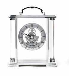 ZEGAR STOJĄCY z szklaną obudową, srebrnymi metalowymi dodatkami,