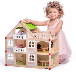 Drewniany domek dla lalek z tarasem dla dzieci