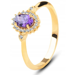 PIĘKNY ZŁOTY PIERŚCIONEK AMETYSTEM SYNTETYCZNYM I CYRKONIAMI 8KT