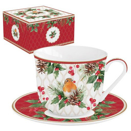 DUŻA PORCELANOWA FILIŻANKA ze SPODKIEM Rudzik i ostrokrzew