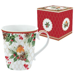 KUBEK PORCELANOWY NA ZIMĘ Rudzik i ostrokrzew