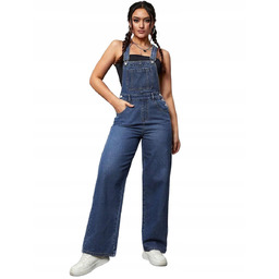 SHEIN JEANSOWY KOMBINEZON Z SZEROKIMI NOGAWKAMI GRANATOWY 40/42