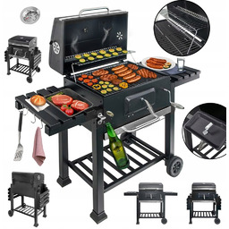 Grill Węglowy Ogrodowy Żeliwny Ruszt 2 Stoliki Boczne