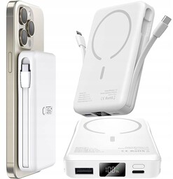 Powerbank z wbudowanym kablem Usb-c, Lightning Qi 10000mAh