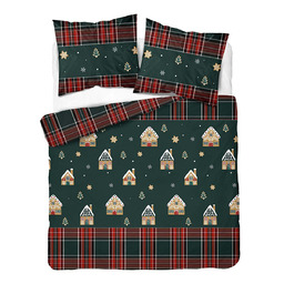Detexpol Pościel bawełniana świąteczna 160x200 ciemnozielona w domki